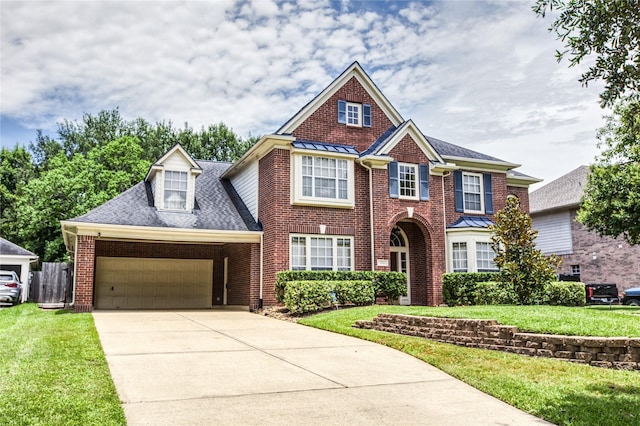 3718 W Pine Brook Way, Houston, TX 77059 - view of front facade with a garage, driveway, a front yard, a standing seam roof, and brick siding