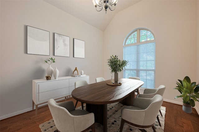 19339 Oxford Haven Dr, Cypress, TX 77433 - dining area featuring a chandelier, vaulted ceiling, and dark wood finished floors