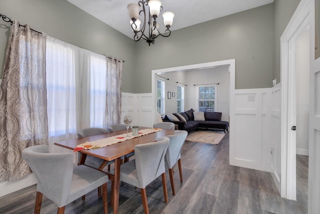 610 S Railroad Ave, Shepherd, TX 77371 - dining area with a decorative wall, a chandelier, a wainscoted wall, and dark wood finished floors