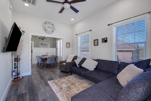 610 S Railroad Ave, Shepherd, TX 77371 - living area with ceiling fan, dark wood-style flooring, and recessed lighting