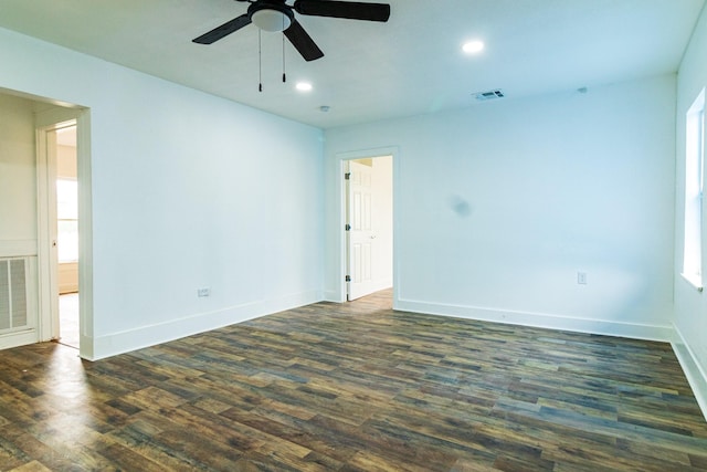 4918 Leffingwell St, Houston, TX 77026 - empty room featuring a ceiling fan, dark wood-style flooring, and recessed lighting