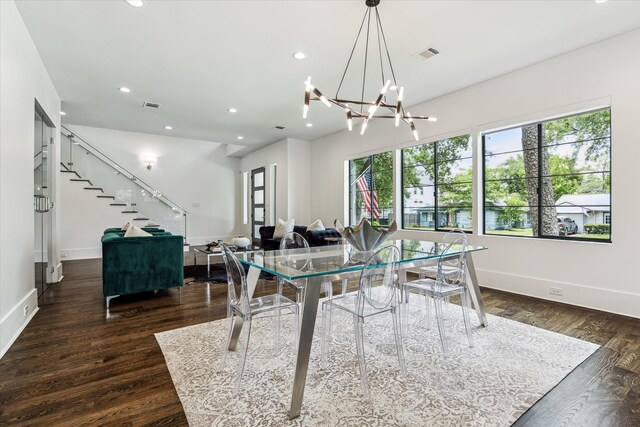 1010 Waltway Dr, Houston, TX 77008 - dining space featuring a chandelier, stairway, wood finished floors, and recessed lighting