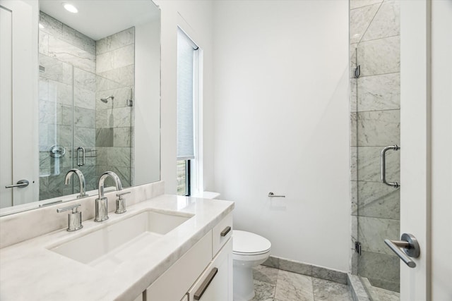 1010 Waltway Dr, Houston, TX 77008 - bathroom featuring vanity, marble look tile flooring, a stall shower, and recessed lighting