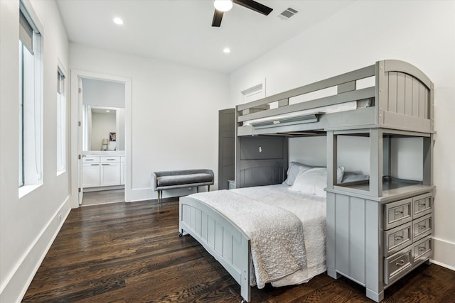 1010 Waltway Dr, Houston, TX 77008 - bedroom featuring dark wood-style flooring, ensuite bath, a ceiling fan, and recessed lighting