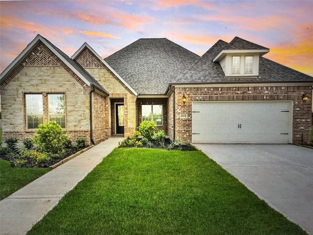 10519 Lantana Pass, Missouri City, TX 77459 - french country inspired facade featuring a front lawn, an attached garage, brick siding, concrete driveway, and roof with shingles