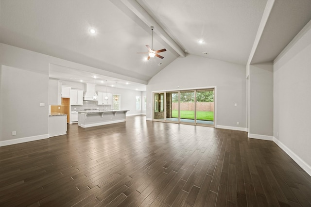 10519 Lantana Pass, Missouri City, TX 77459 - unfurnished living room featuring ceiling fan, beamed ceiling, dark wood-style floors, high vaulted ceiling, and recessed lighting