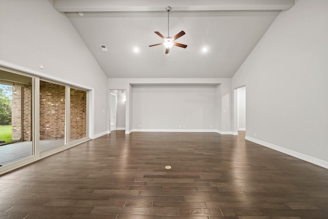 10519 Lantana Pass, Missouri City, TX 77459 - unfurnished living room with high vaulted ceiling, a ceiling fan, wood finished floors, and beamed ceiling