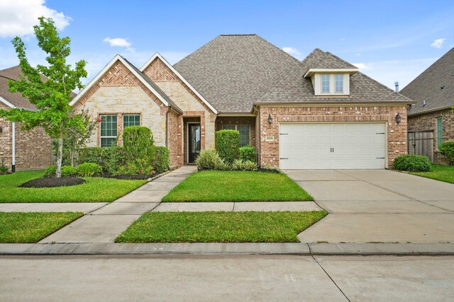 10519 Lantana Pass, Missouri City, TX 77459 - french country inspired facade with a front lawn, an attached garage, brick siding, and concrete driveway