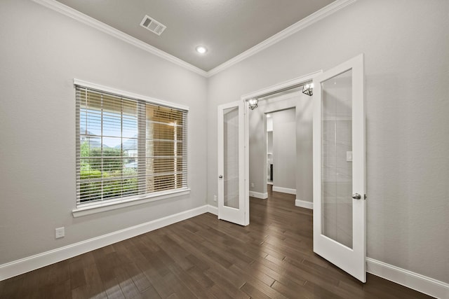 10519 Lantana Pass, Missouri City, TX 77459 - unfurnished room with french doors, crown molding, dark wood finished floors, and recessed lighting