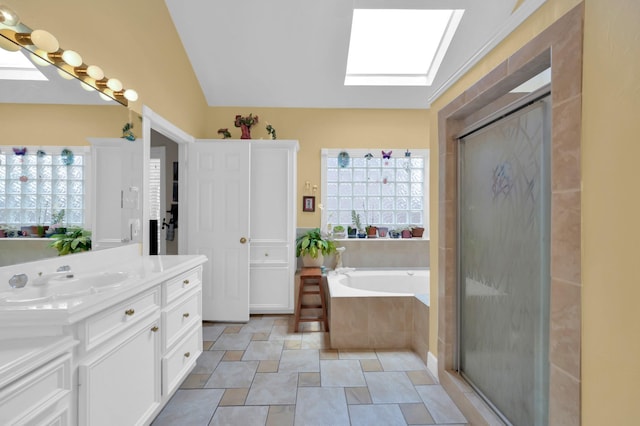 4723 Cashel Castle Dr, Houston, TX 77069 - full bathroom with a skylight, vanity, a bath, and a shower with shower door