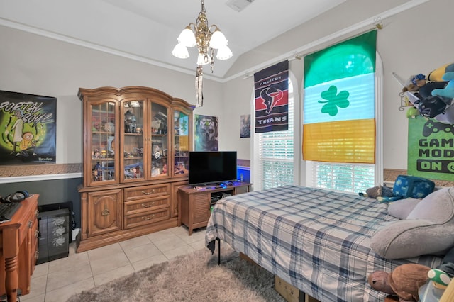 4723 Cashel Castle Dr, Houston, TX 77069 - bedroom with a chandelier, light tile patterned floors, ornamental molding, and vaulted ceiling