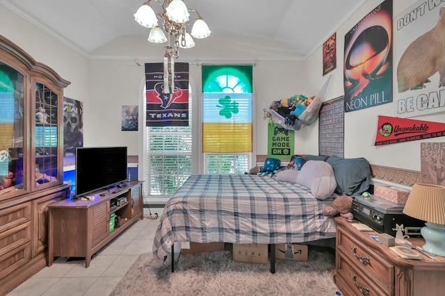 4723 Cashel Castle Dr, Houston, TX 77069 - bedroom featuring lofted ceiling, light tile patterned floors, crown molding, and a chandelier