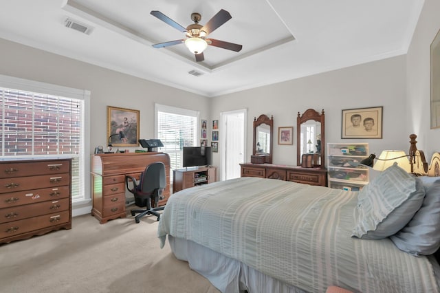 4723 Cashel Castle Dr, Houston, TX 77069 - bedroom with a raised ceiling, light colored carpet, ornamental molding, a desk, and ceiling fan