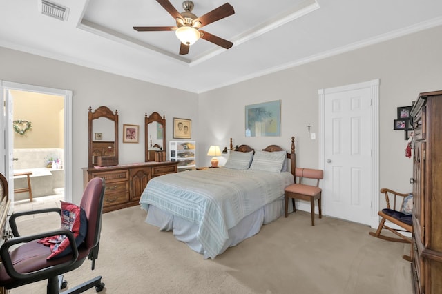 4723 Cashel Castle Dr, Houston, TX 77069 - bedroom featuring a raised ceiling, light carpet, a desk, ornamental molding, and ensuite bathroom