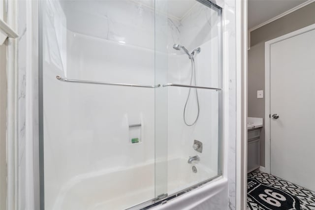 610 Seashell Dr, Freeport, TX 77541 - full bathroom with bath / shower combo with glass door, ornamental molding, and vanity