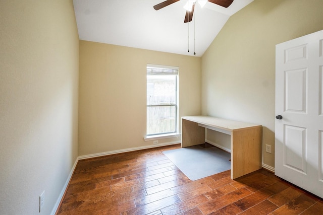 18419 W Willow Oak Bend Dr, Cypress, TX 77433 - unfurnished office with lofted ceiling, dark wood-style flooring, and a ceiling fan
