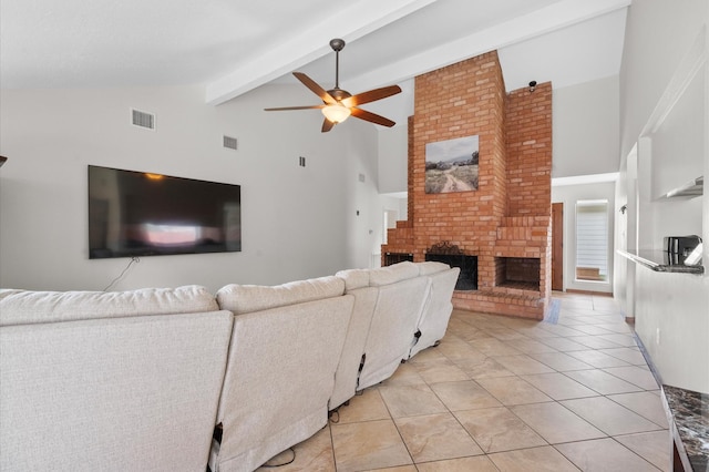 706 Geronimo Ct, Katy, TX 77450 - living area featuring high vaulted ceiling, a brick fireplace, a ceiling fan, light tile patterned floors, and beamed ceiling