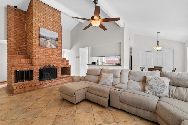 706 Geronimo Ct, Katy, TX 77450 - living area with high vaulted ceiling, a ceiling fan, a fireplace, beam ceiling, and light tile patterned floors