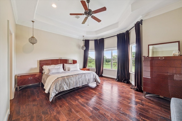 3319 Bridgeberry Ln, Houston, TX 77082 - bedroom with a tray ceiling, hardwood / wood-style flooring, ceiling fan, ornamental molding, and recessed lighting