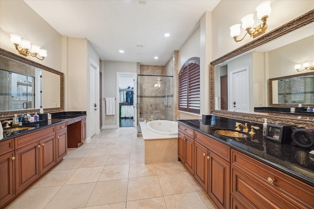 3319 Bridgeberry Ln, Houston, TX 77082 - bathroom with a chandelier, a stall shower, two vanities, a bath, and recessed lighting