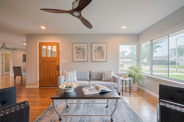 5123 Saxon Dr, Houston, TX 77092 - living room featuring ceiling fan, light wood-type flooring, and recessed lighting