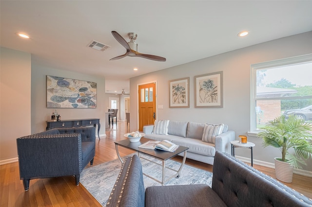 5123 Saxon Dr, Houston, TX 77092 - living room featuring ceiling fan, wood finished floors, and recessed lighting