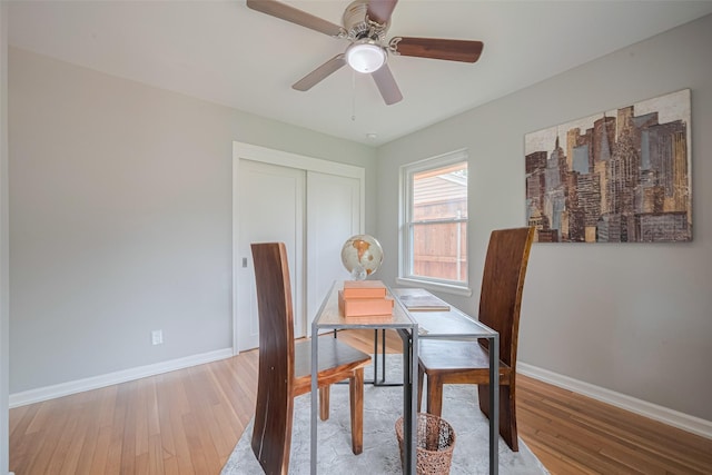 5123 Saxon Dr, Houston, TX 77092 - dining room featuring light wood-style floors, a ceiling fan, and a desk
