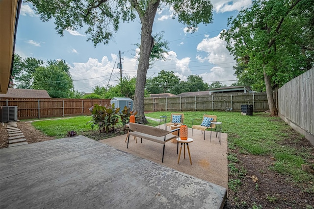 5123 Saxon Dr, Houston, TX 77092 - fenced backyard with a storage shed and a patio