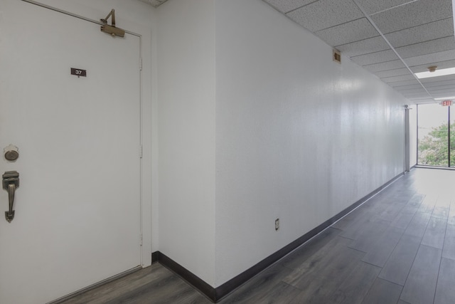 3025 Walnut Bend Ln Unit 37, Houston, TX 77042 - hallway featuring dark wood-style flooring and a paneled ceiling