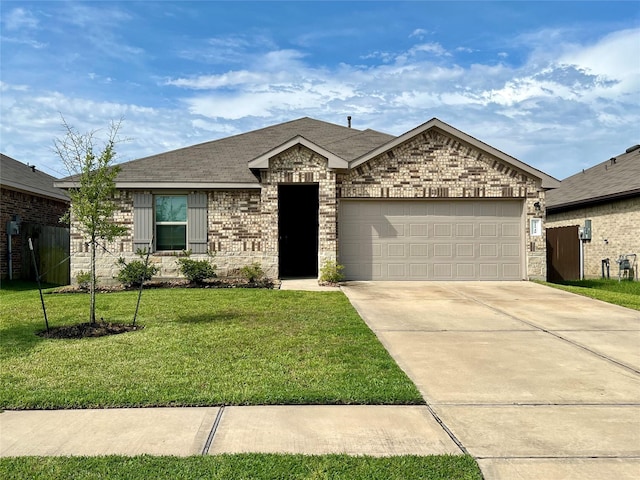 21540 Rustic Elm Dr, New Caney, TX 77357 - single story home featuring a front lawn, a garage, brick siding, driveway, and roof with shingles