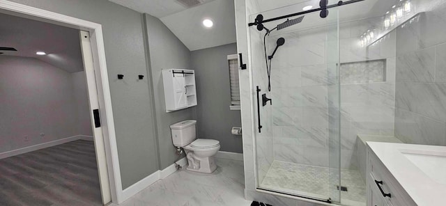 47 W Dansby Dr, Galveston, TX 77551 - full bathroom featuring a stall shower, vaulted ceiling, vanity, recessed lighting, and marble look tile flooring