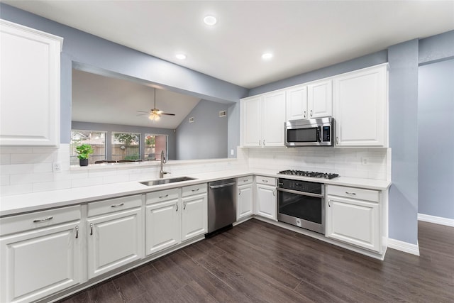 14619 Townsend Ct, Cypress, TX 77429 - kitchen with stainless steel appliances, backsplash, ceiling fan, recessed lighting, and light countertops
