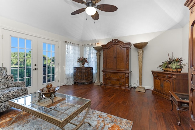3402 Haywood Ct, Sugar Land, TX 77478 - living area featuring vaulted ceiling, a ceiling fan, hardwood / wood-style flooring, and french doors