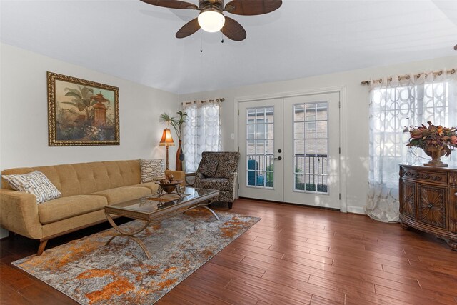 3402 Haywood Ct, Sugar Land, TX 77478 - living room with vaulted ceiling, a ceiling fan, french doors, and wood finished floors