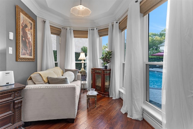 3402 Haywood Ct, Sugar Land, TX 77478 - sitting room with dark wood-style flooring and crown molding