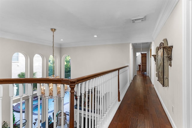 3402 Haywood Ct, Sugar Land, TX 77478 - hall featuring attic access, hardwood / wood-style flooring, recessed lighting, and ornamental molding