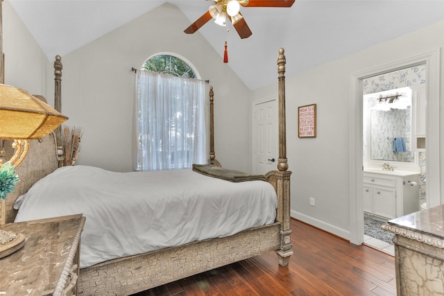 3402 Haywood Ct, Sugar Land, TX 77478 - bedroom featuring dark wood-style flooring, lofted ceiling, connected bathroom, and ceiling fan