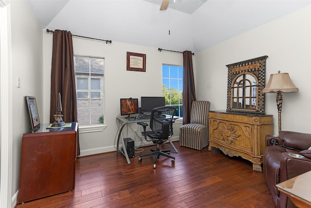 3402 Haywood Ct, Sugar Land, TX 77478 - office area with wood-type flooring, ceiling fan, and lofted ceiling
