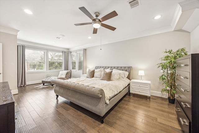 8325 Barberry Branch St, Houston, TX 77055 - bedroom featuring ornamental molding, dark wood-type flooring, ceiling fan, and recessed lighting