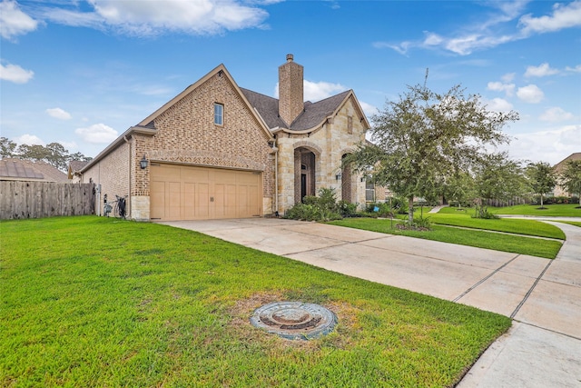 18115 Stari Most Ln, Houston, TX 77044 - french country home with concrete driveway, a chimney, brick siding, and stone siding