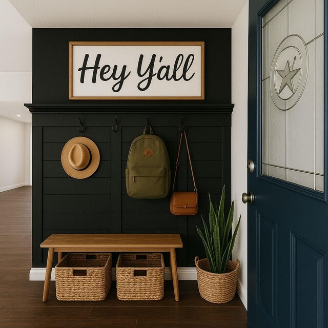 1503 Briar Cliff St, Conroe, TX 77385 - mudroom featuring wood finished floors and baseboards