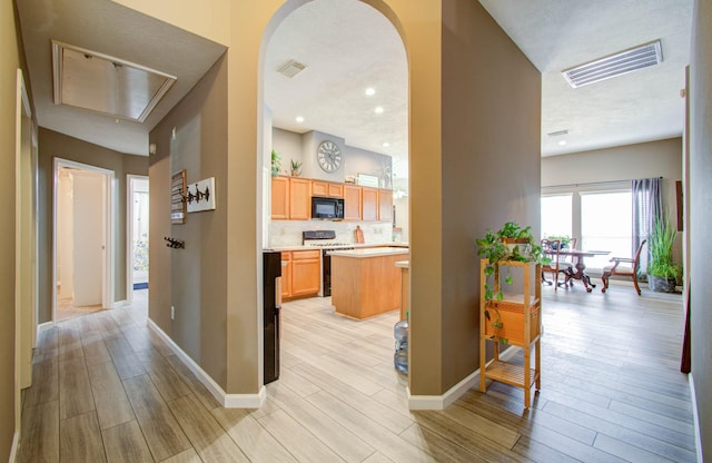14022 Cypress Falls Dr, Cypress, TX 77429 - hall featuring light wood-type flooring, attic access, and arched walkways