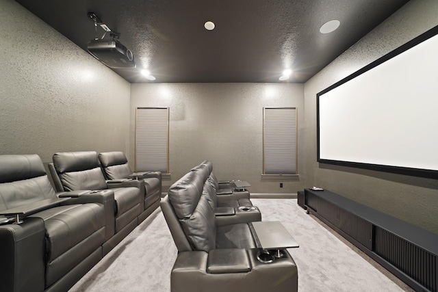 24914 Heather Glade Trl, Tomball, TX 77375 - home theater featuring a textured wall, carpet flooring, and a textured ceiling