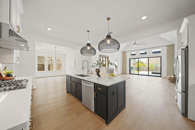 24914 Heather Glade Trl, Tomball, TX 77375 - kitchen with open floor plan, appliances with stainless steel finishes, recessed lighting, dark cabinetry, and ceiling fan