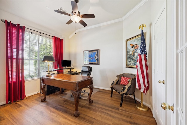 1815 Hanover Springs Ln, Richmond, TX 77406 - office area with ceiling fan, ornamental molding, wood finished floors, and lofted ceiling