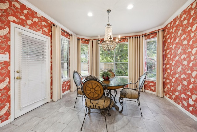 1815 Hanover Springs Ln, Richmond, TX 77406 - dining space with a chandelier, wallpapered walls, crown molding, light tile patterned floors, and recessed lighting