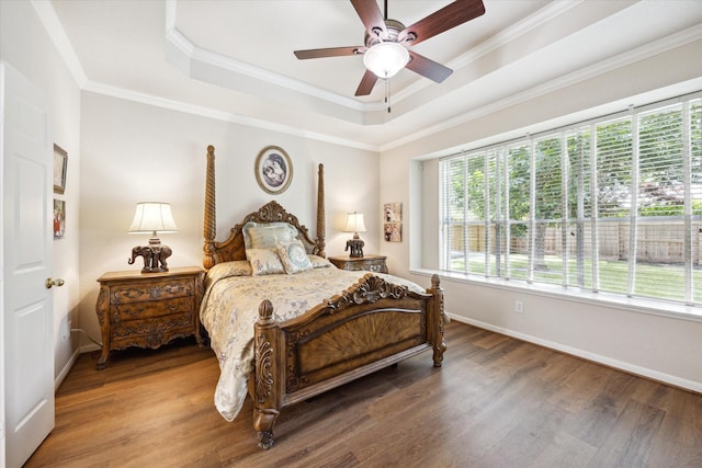 1815 Hanover Springs Ln, Richmond, TX 77406 - bedroom with multiple windows, wood finished floors, a raised ceiling, crown molding, and ceiling fan