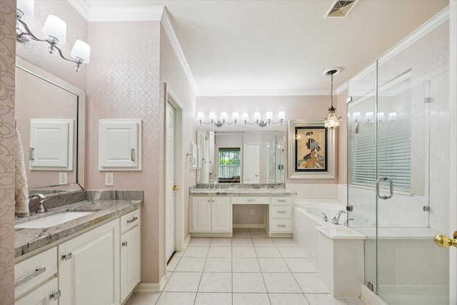 1815 Hanover Springs Ln, Richmond, TX 77406 - full bathroom with a stall shower, a bath, ornamental molding, two vanities, and tile patterned floors