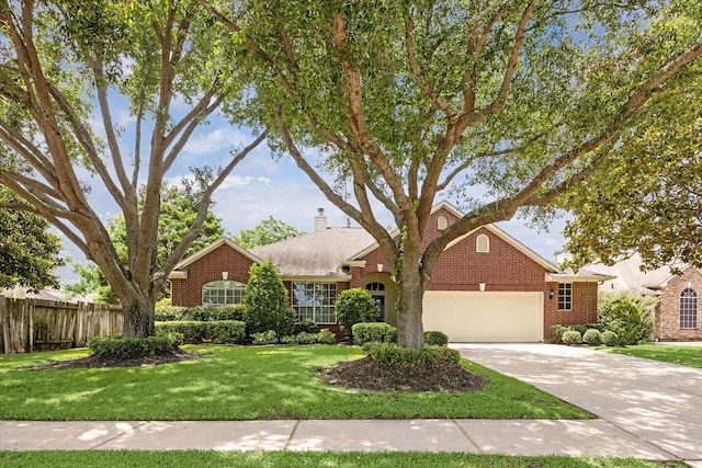 1815 Hanover Springs Ln, Richmond, TX 77406 - view of front of house featuring brick siding, a garage, concrete driveway, and a chimney