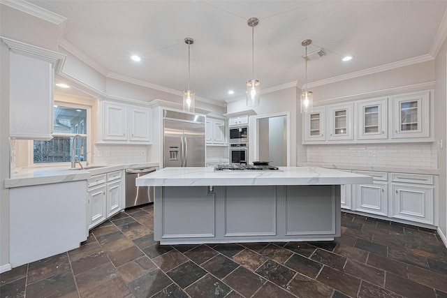 6018 Rapid Creek Ct, Houston, TX 77345 - kitchen featuring built in appliances, a kitchen island, white cabinets, backsplash, and crown molding